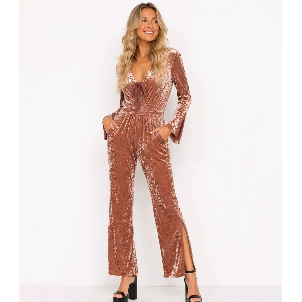 HAH Hot As Hell Velvet Jumpsuit Medium‎ Revolve Flare Split Sleeve Boho Pantsuit